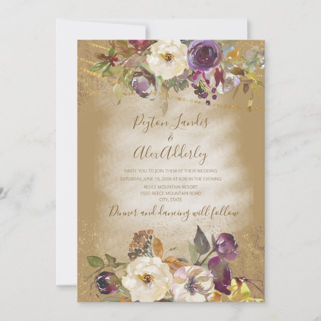 Brown Ivory Purple Floral Glitter Wedding Invitation (Front)