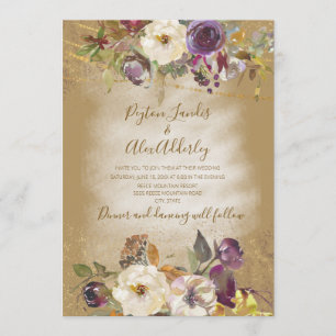 Brown Ivory Purple Floral Glitter Wedding Invitation