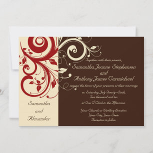 Brown/Ivory/Red Reverse Swirl Wedding Invitations