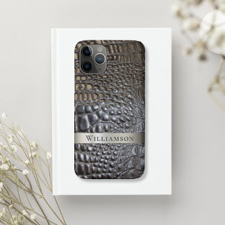 Brown Ivory Reptile Digital Leather Titanium Metal iPhone 11 Pro Case