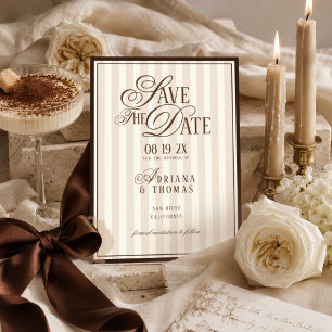 Brown Ivory Striped Old Money Calligraphy Wedding Save The Date