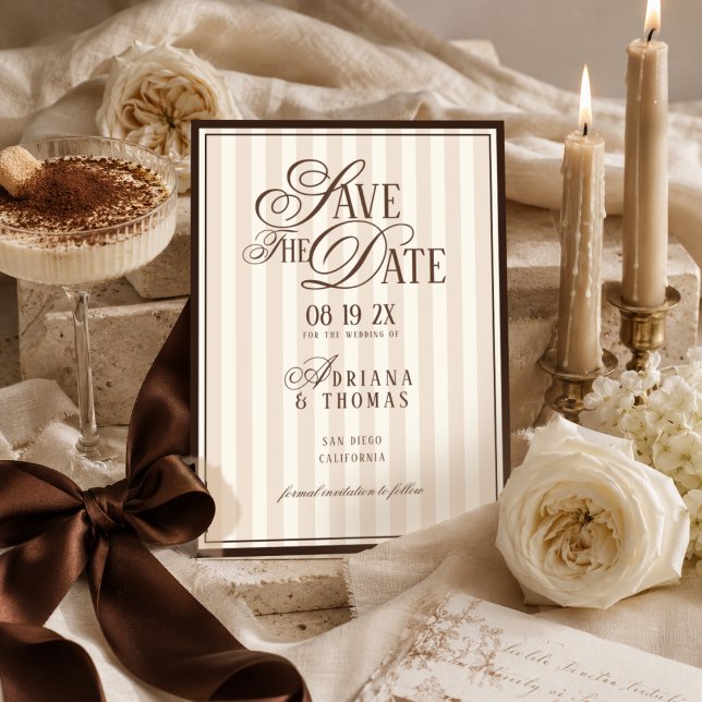 Brown Ivory Striped Old Money Calligraphy Wedding Save The Date (Creator Uploaded)