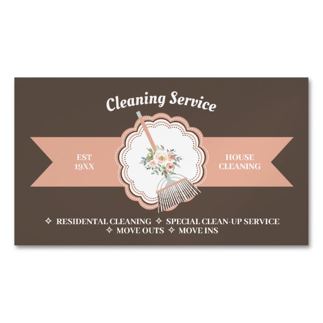 Brown Janitorial Calligraphy Housekeeping Cleaning Magnetic Business Card (Front)