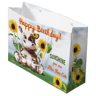 Brown Jersey Cow Girl Sunflower Kids Birthday Large Gift Bag