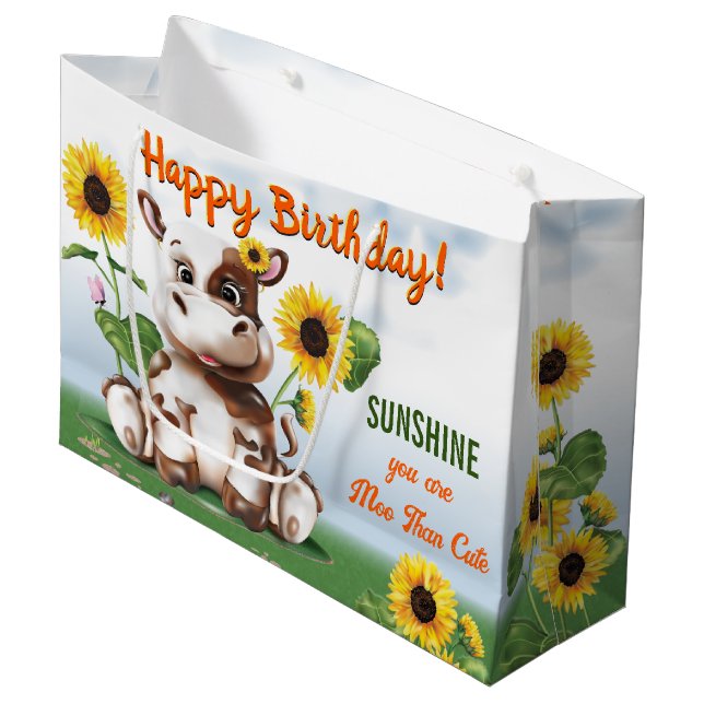 Brown Jersey Cow Girl Sunflower Kids Birthday Large Gift Bag (Front Angled)