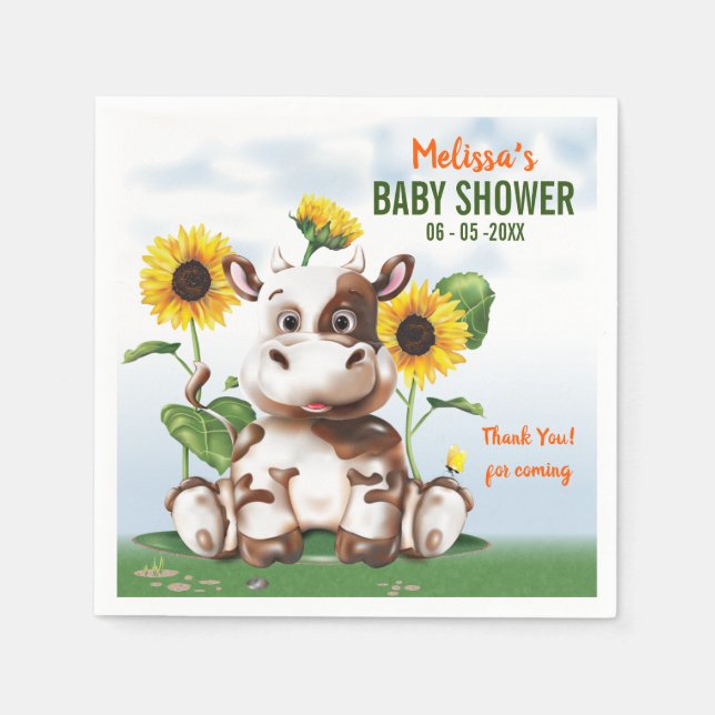 Brown Jersey Cow Sunflower Baby Shower Napkin (Front)