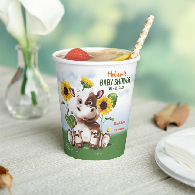 Brown Jersey Cow Sunflower Baby Shower Paper Cups (Insitu)