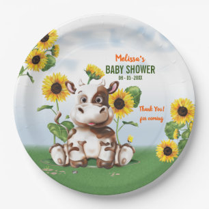 Brown Jersey Cow Sunflower Baby Shower Paper Plate