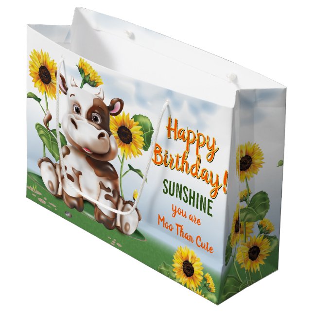 Brown Jersey Cow Sunflower Kids Birthday Large Gift Bag (Front Angled)