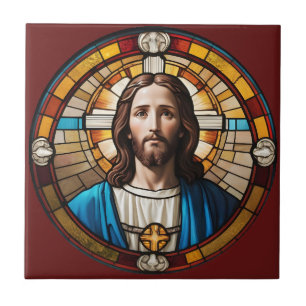 Brown Jesus Christ Circular Faux Stained Glass Tile