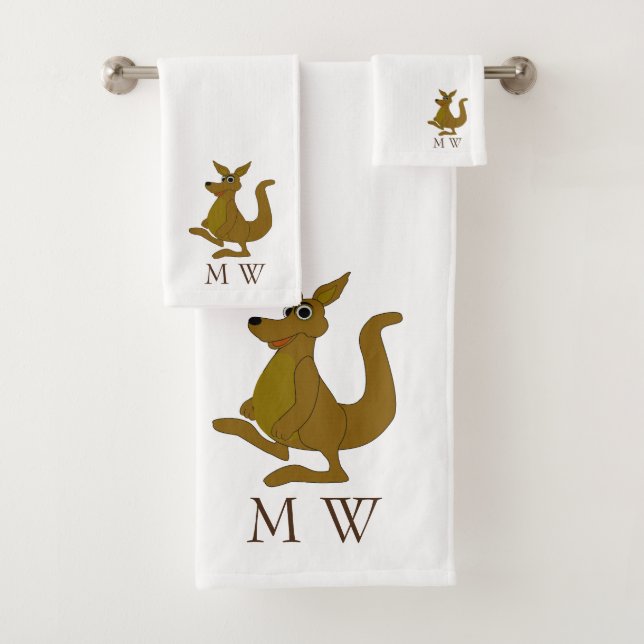 Brown Kangaroo Design Monogrammed Bath Towel Set (Insitu)