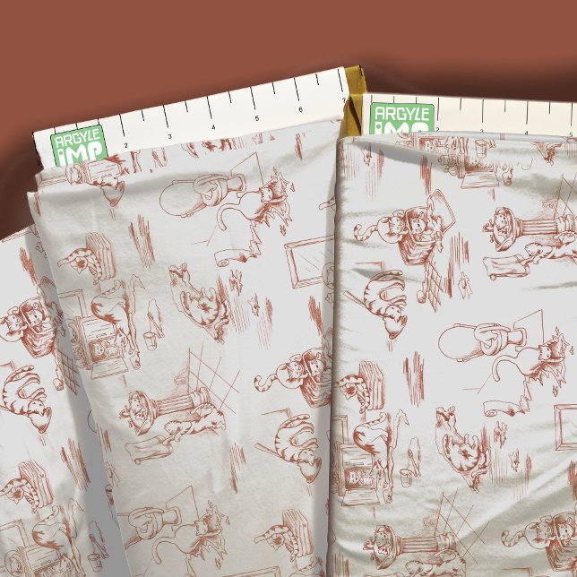 Brown Kitty Cat Bathroom Toile Fabric (close-up with ruler)