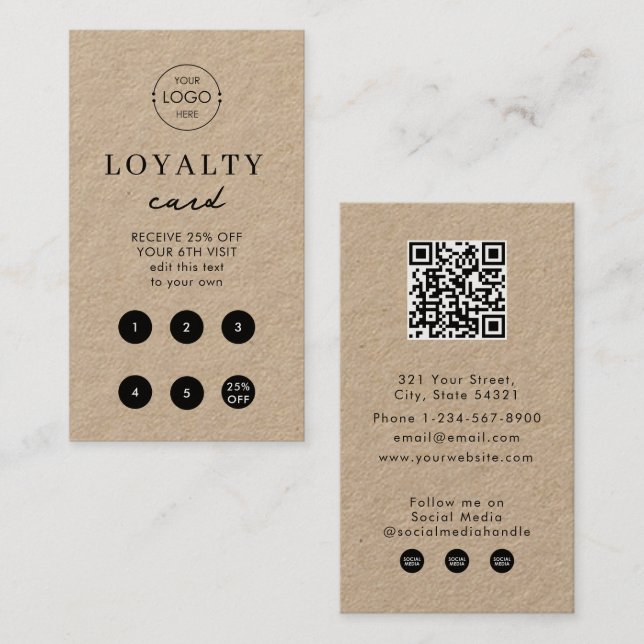 Brown Kraft Business Logo QR Code Loyalty  Card (Front/Back)