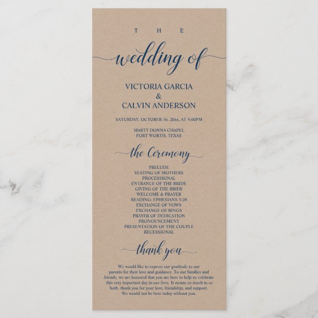 Brown Kraft,  Classy Navy Blue, Wedding Ceremony Programme (Front)