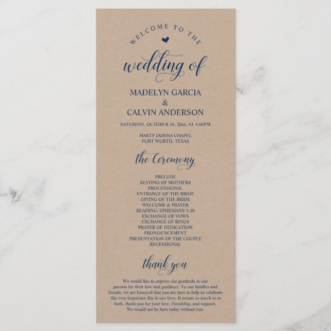 Brown Kraft,  Classy Navy Blue, Wedding Ceremony Programme (Front)