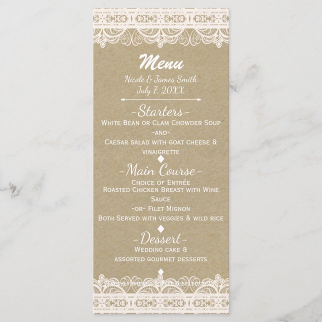 Brown Kraft Paper & Rustic White Lace Menu (Front)