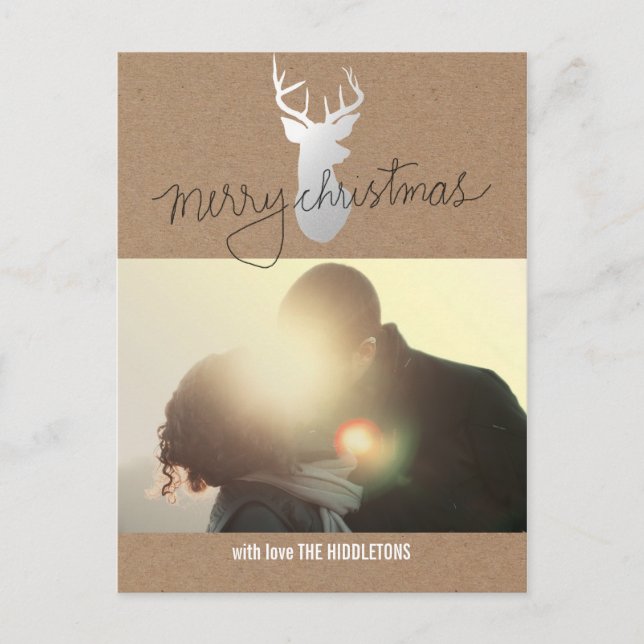Brown Kraft Paper Silver Reindeer Christmas Photo Holiday Postcard (Front)