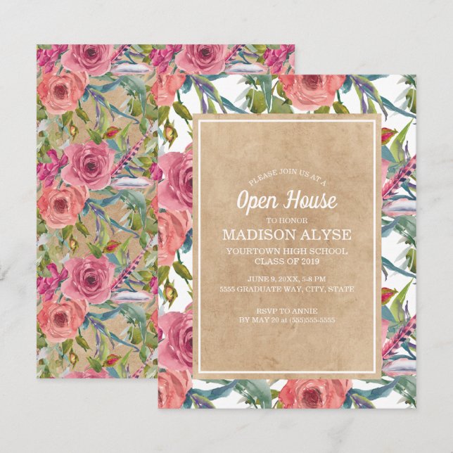 Brown Kraft Pink Boho Floral Graduation Open House Invitation (Front/Back)