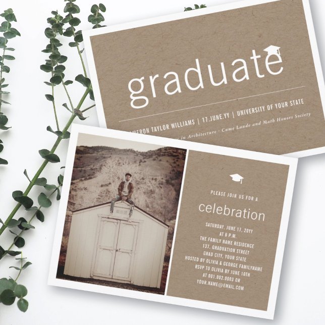 Brown Kraft Simple Graduate Photo Graduation Party Invitation (Brown Kraft Simple Graduate Photo Rustic Graduation Party Invitation @ zazzle.com/color_therapy)