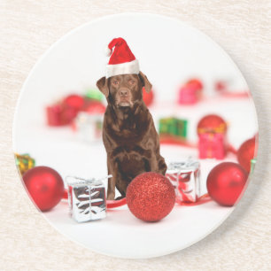 Brown Labrador Dog Christmas w Gifts Santa Hat Coaster