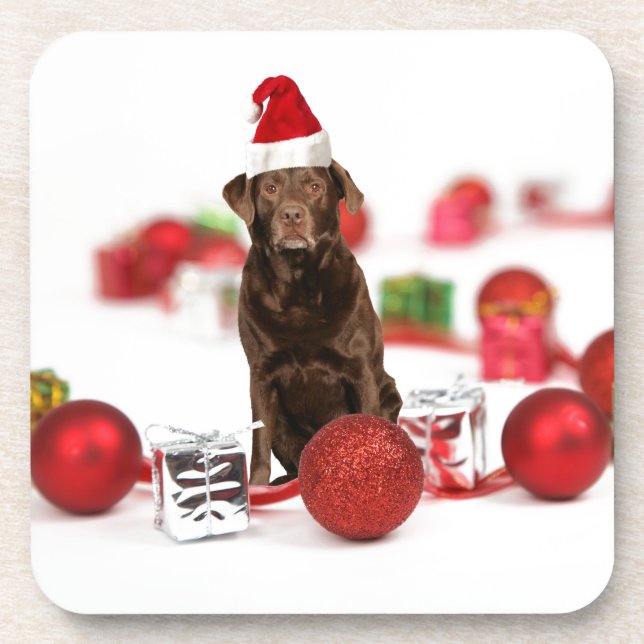 Brown Labrador Dog Christmas w Gifts Santa Hat Coaster (Front)