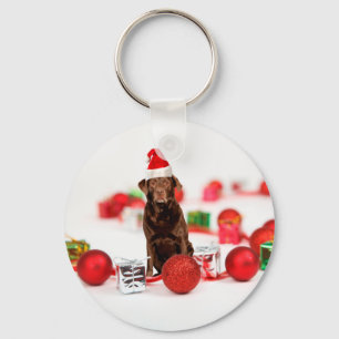 Brown Labrador Dog Christmas w Gifts Santa Hat Key Ring