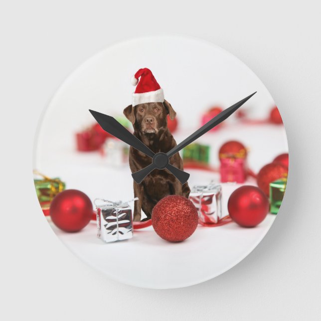 Brown Labrador Dog Christmas w Gifts Santa Hat Round Clock (Front)