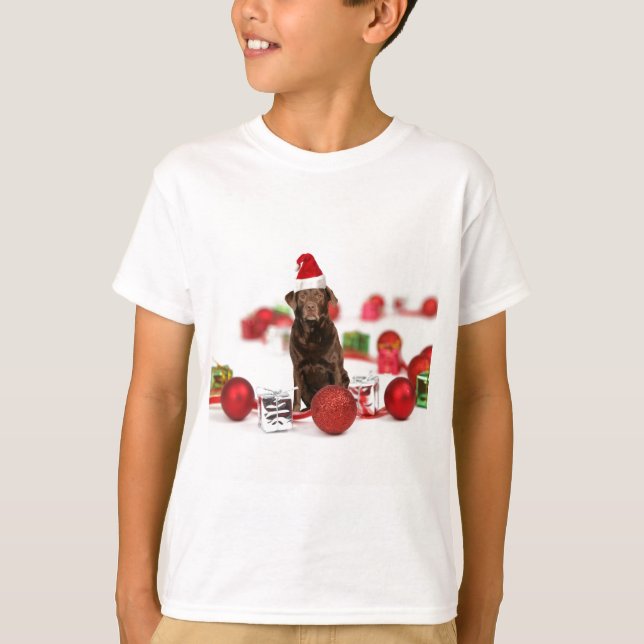 Brown Labrador Dog Christmas w Gifts Santa Hat T-Shirt (Front)