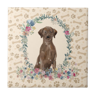 Brown Labrador retriever Dog Paw Print Floral Cute Tile