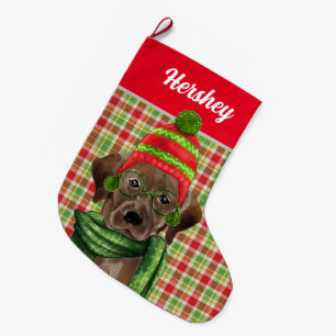 Brown Labrador Retriever Red Plaid with Dog's Name Large Christmas Stocking