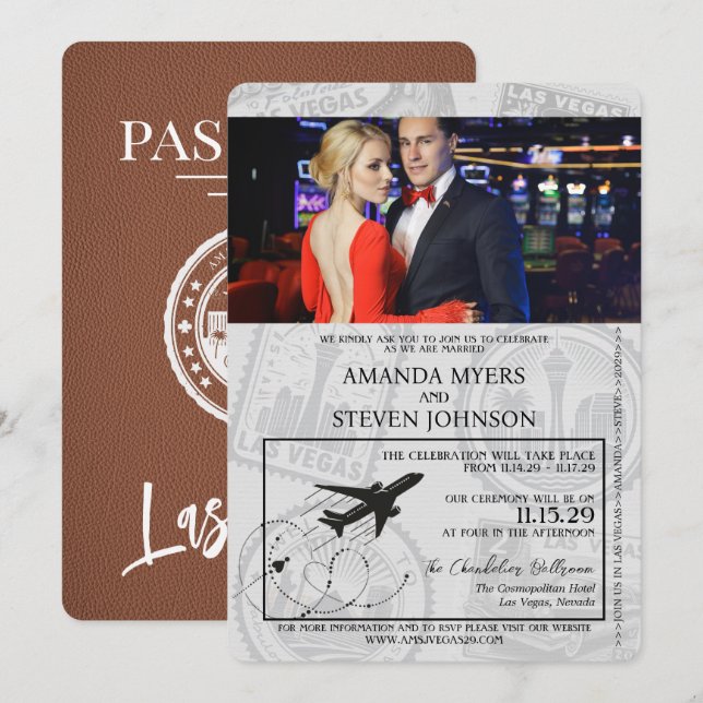 Brown Las Vegas Passport Wedding Invitation (Front/Back)