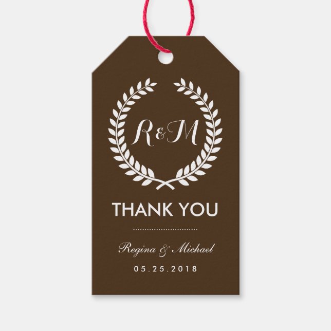Brown Laurel Wreath Monogram Wedding Gift Tag (Front)