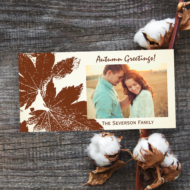 Brown Leaf Print Autumn Greetings Photo Card (Send warm Autumn greetings with this natural woodland photo card.)