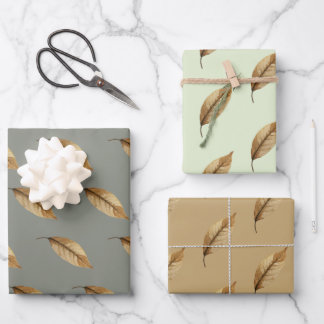 Brown Leaf Wrapping Paper Flat Sheet Set of 3.