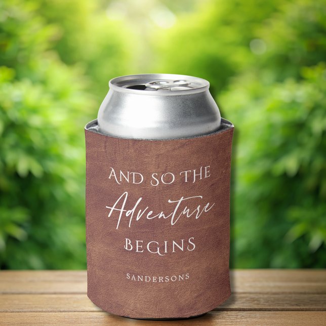 Brown Leather Adventure Personalised Can Cooler (Creator Uploaded)