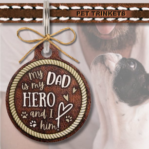 Brown Leather and Rope Dad Is My Hero Pet Tag