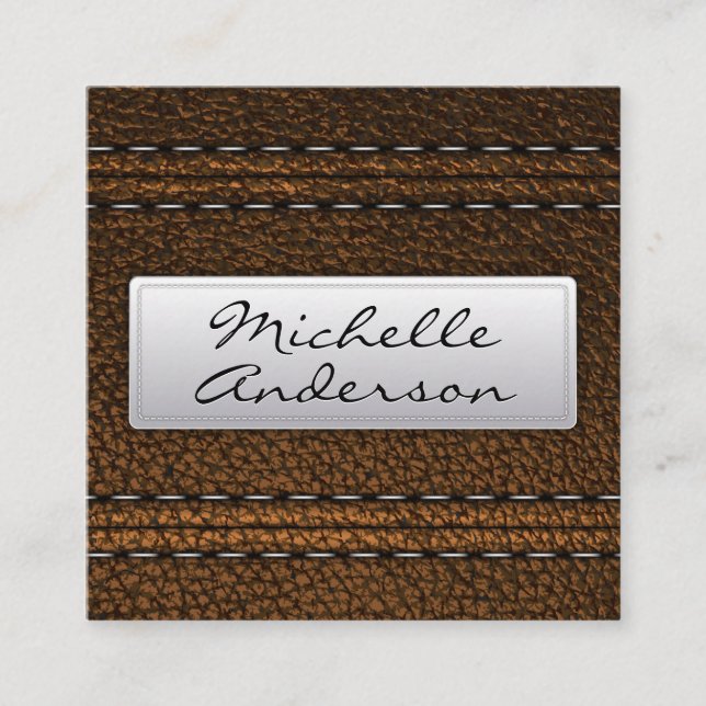 Brown Leather Background | Stitched Banner Square Business Card (Front)