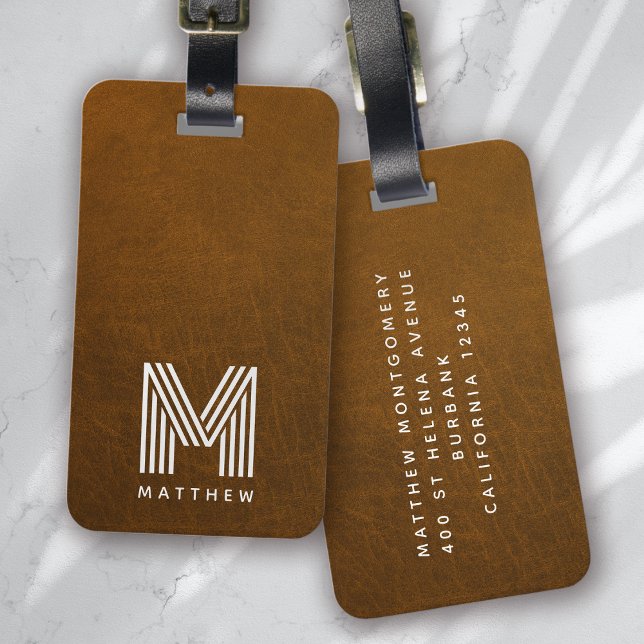 Brown Leather Bold Monogram Masculine  Luggage Tag (Creator Uploaded)