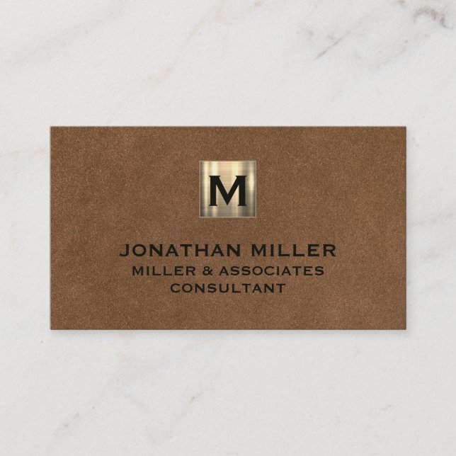 Brown Leather Brushed Gold Monogram Business Card (Front)
