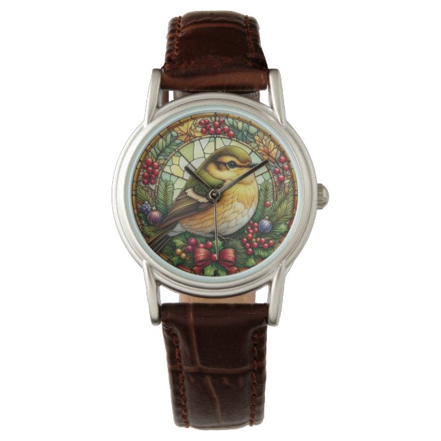 Brown Leather Christmas Stained Glass Bird   Watch (Front)