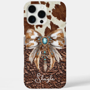 Brown Leather Cowhide Jewelled Bow Monogrammed iPhone 16 Pro Max Case