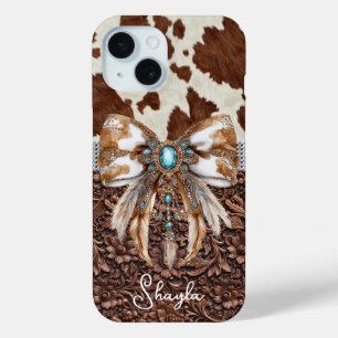 Brown Leather Cowhide Jewelled Bow Monogrammed iPhone 15 Case