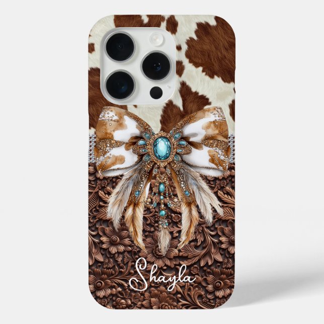 Brown Leather Cowhide Jewelled Bow Monogrammed Case-Mate iPhone Case (Back)