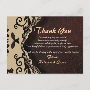 brown leather damask country wedding thank you postcard