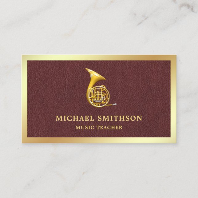 Brown Leather Gold Foil French Horn Music Teacher Business Card (Front)