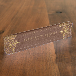 Brown Leather Gold Foil Lace Frame Nameplate
