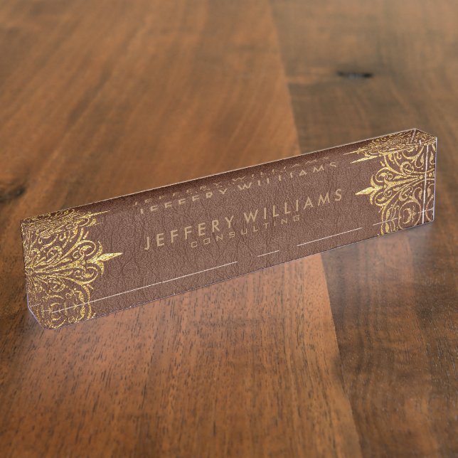 Brown Leather Gold Foil Lace Frame Nameplate (Side)