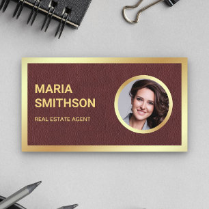 Brown Leather Gold Foil Photo Real Estate Agent Business Card