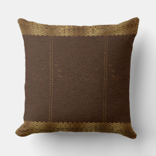 Brown Leather & Gold Geometric Border Cushion