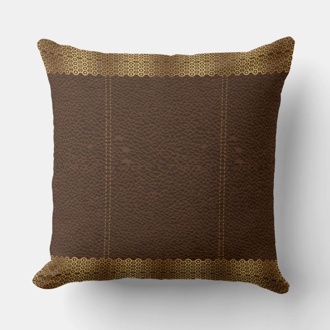 Brown Leather & Gold Geometric Border Cushion (Front)